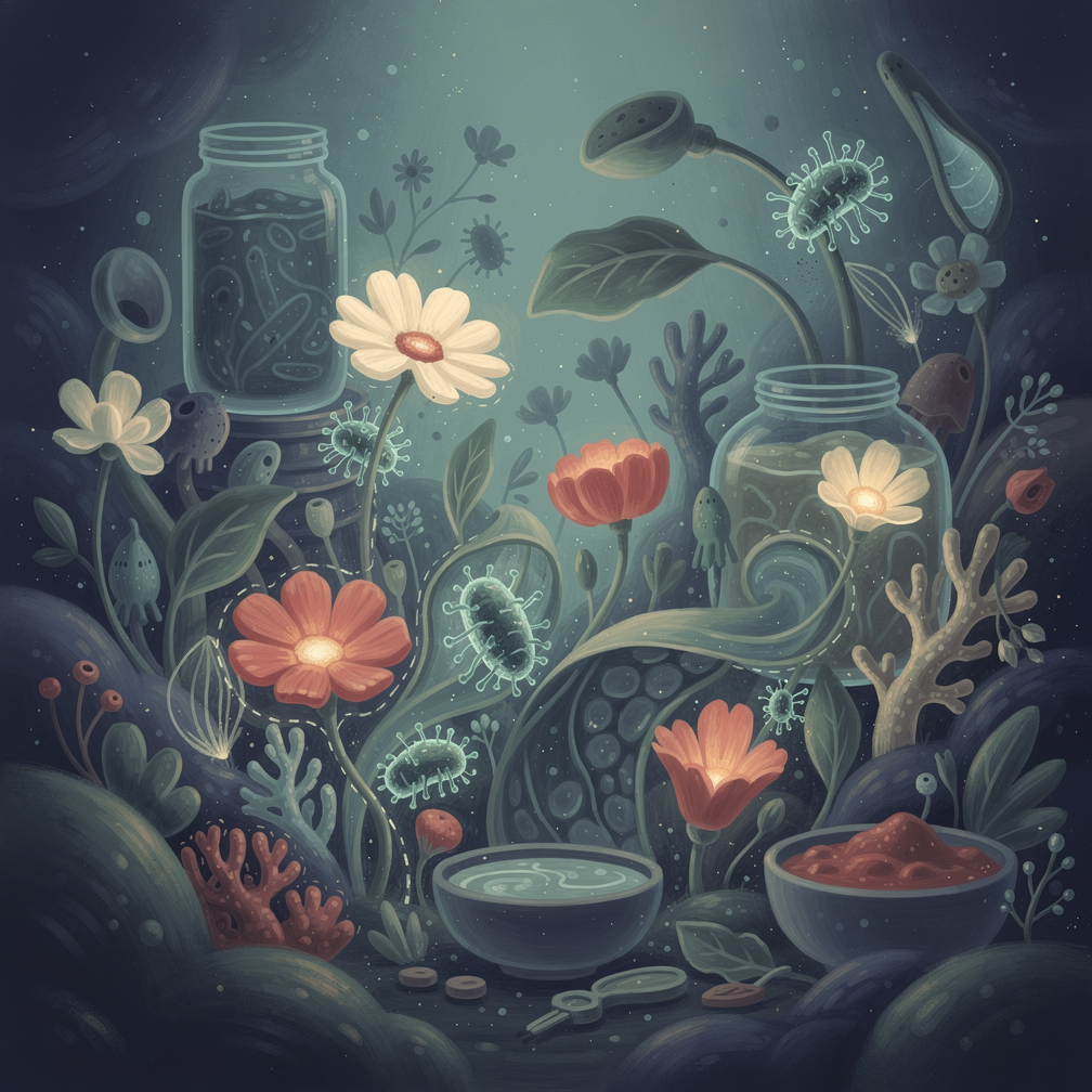 Разнообразные продукты для здоровья кишечника: овощи, ферментированные продукты, бобовые и цельнозерновые крупы