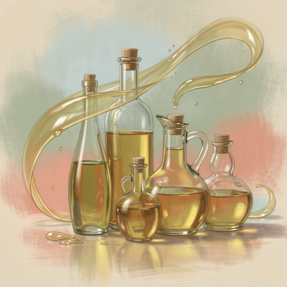 Различные виды растительных масел в стеклянных бутылках на кухонном столе